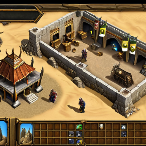 Home 21 **
A bustling Warcraft III base in an Arabic setting, showcasing resource management. Workers are actively mining gold with pickaxes and chopping wood with axes under a clear sky. The gold mine is depicted with visible gold veins. In the foreground, a hero unit inspects a strategy map of the area. Arabic-style architecture should be seen in the town hall.
**