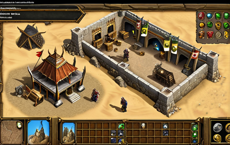 **
A bustling Warcraft III base in an Arabic setting, showcasing resource management. Workers are actively mining gold with pickaxes and chopping wood with axes under a clear sky. The gold mine is depicted with visible gold veins. In the foreground, a hero unit inspects a strategy map of the area. Arabic-style architecture should be seen in the town hall.
**