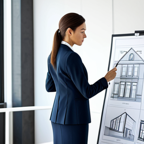 Home 11 **
"A professional female architect in a modern office, reviewing blueprints, wearing a tailored suit, fully clothed, appropriate attire, safe for work, perfect anatomy, correct proportions, professional photography, well-lit, modest."
**