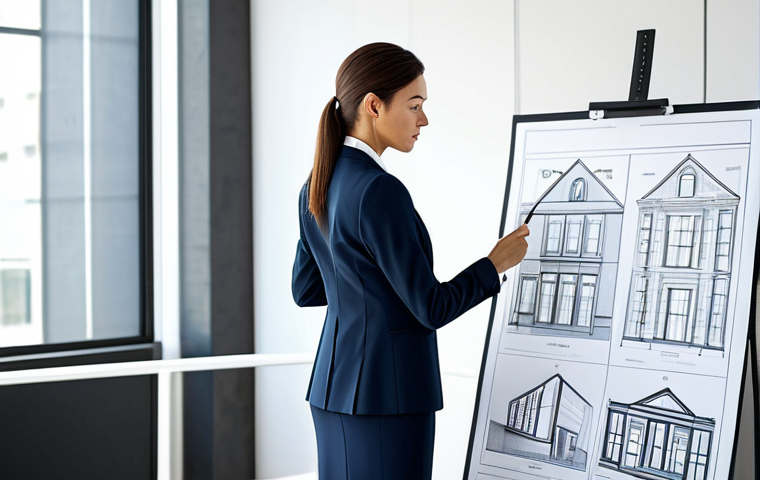 **
"A professional female architect in a modern office, reviewing blueprints, wearing a tailored suit, fully clothed, appropriate attire, safe for work, perfect anatomy, correct proportions, professional photography, well-lit, modest."
**
